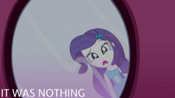 Size: 1280x720 | Tagged: safe, edit, edited screencap, editor:quoterific, screencap, rarity, human, equestria girls, g4, make up shake up, my little pony equestria girls: summertime shorts, bare shoulders, fall formal outfits, female, hairpin, mirror, open mouth, sleeveless, solo, strapless, text