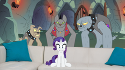 Size: 1920x1080 | Tagged: safe, edit, edited screencap, screencap, fido, rarity, rover, spot, diamond dog, pony, unicorn, a dog and pony show, g4, made in manehattan, season 1, season 5, cave, couch, faic, female, grin, imminent gangbang, looking at you, male, mare, meme, parody, pillow, piper perri surrounded, ponified meme, scene parody, sitting, smiling, this will not end well