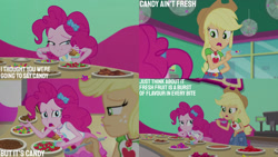 Size: 1280x720 | Tagged: safe, edit, edited screencap, editor:quoterific, screencap, applejack, pinkie pie, human, equestria girls, g4, my little pony equestria girls: better together, tip toppings, tip toppings: applejack, applejack's hat, belt, clothes, cowboy hat, cutie mark on clothes, denim, denim skirt, duo, duo female, female, food, froyo, geode of sugar bombs, geode of super strength, hat, magical geodes, open mouth, skirt, smiling, spoon, tank top, text