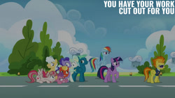 Size: 1280x720 | Tagged: safe, edit, edited screencap, editor:quoterific, screencap, angel wings, hyacinth dawn, loosey-goosey, mountain haze, rainbow dash, short fuse, sky stinger, spitfire, twilight sparkle, vapor trail, alicorn, pegasus, pony, g4, season 6, top bolt, female, flying, looking at you, male, mare, open mouth, smiling, smiling at you, spread wings, stallion, text, twilight sparkle (alicorn), wings