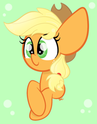 Size: 586x747 | Tagged: safe, artist:sugarcloud12, applejack, earth pony, pony, g4, blonde mane, bust, crossed hooves, crossed legs, ears up, green background, green eyes, hat, orange coat, portrait, simple background, smiling, solo