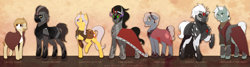 Size: 3083x825 | Tagged: safe, artist:whatevstu, king sombra, oc, oc:adamant, oc:glass beaker, oc:ivory calla, oc:sandy wings, oc:starfinder, oc:sunstone glitter, earth pony, pony, unicorn, g4, female, male, mare, stallion