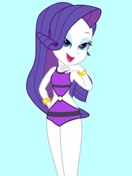 Size: 1536x2048 | Tagged: safe, artist:draymanor57, rarity, human, equestria girls, g4, bare shoulders, blue background, clothes, cyan background, lidded eyes, o-ring swimsuit, one-piece swimsuit, open mouth, open smile, open-back swimsuit, simple background, sleeveless, smiling, solo, swimsuit, swimsuit edit