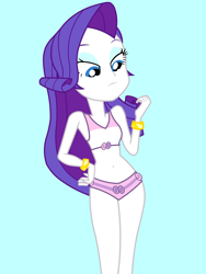 Size: 1536x2048 | Tagged: safe, artist:draymanor57, rarity, human, equestria girls, g4, bare shoulders, belly button, bikini, blue background, clothes, cyan background, female, looking down, simple background, sleeveless, solo, swimsuit, swimsuit edit