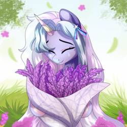 Size: 2500x2500 | Tagged: safe, artist:stesha, oc, oc only, pony, unicorn, bouquet, bouquet of flowers, bust, cute, eyes closed, female, flower, hair accessory, high res, horn, lavender, mare, outdoors, smiling, solo
