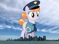 Size: 2048x1536 | Tagged: safe, artist:cheezedoodle96, artist:thegiantponyfan, edit, copper top, earth pony, pony, g4, clothes, cuffs, female, giant pony, giant/macro earth pony, giantess, highrise ponies, irl, macro, manhattan, mare, mega giant, necktie, new york, new york city, photo, police pony, police uniform, ponies in real life, shirt, story included