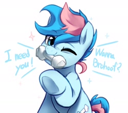 Size: 1748x1542 | Tagged: safe, artist:maren, oc, oc only, oc:blue chewings, earth pony, pony, chew toy, hoofbump, looking at you, mouth hold, one eye closed, simple background, sparkles, talking to viewer, underhoof, white background, wink, winking at you