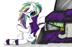 Size: 4000x2600 | Tagged: safe, artist:rise_of_evil_69, rarity, pony, unicorn, g4, it isn't the mane thing about you, alternate hairstyle, bracelet, bubblegum, car, clothes, cute, eyebrows, eyeshadow, female, filly, foal, food, gum, high res, jewelry, makeup, mare, meta, punk, raribetes, raripunk, shadow, signature, simple background, sitting, smiling, solo, vehicle, white background, wrench