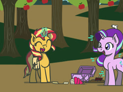 Size: 1800x1350 | Tagged: safe, artist:flutterluv, part of a set, starlight glimmer, sunset shimmer, pony, unicorn, g4, apple, apple tree, atg 2022, bag, cupcake, duo, food, magic, newbie artist training grounds, part of a series, saddle bag, shovel, treasure chest, tree