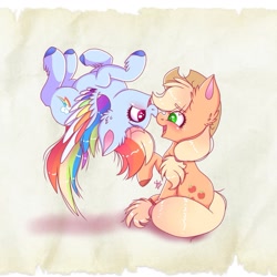 Size: 1045x1045 | Tagged: safe, artist:galaxy swirl, applejack, rainbow dash, earth pony, pegasus, pony, g4, blushing, colored wings, cute, dashabetes, duo, ear fluff, eye clipping through hair, eye contact, eyebrows, eyebrows visible through hair, female, flying, freckles, heart, heart eyes, jackabetes, lesbian, looking at each other, looking at someone, mare, multicolored wings, open mouth, open smile, rainbow wings, raised hoof, ship:appledash, shipping, signature, sitting, smiling, smiling at each other, stray strand, upside down, wingding eyes, wings