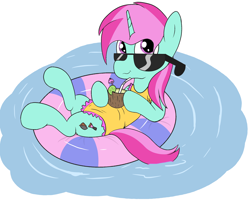 Size: 2000x1600 | Tagged: safe, artist:amateur-draw, oc, oc:belle boue, pony, unicorn, clothes, coconut cup, crossdressing, inner tube, male, one-piece swimsuit, pool toy, simple background, solo, stallion, straw, sunglasses, swimsuit, water, white background