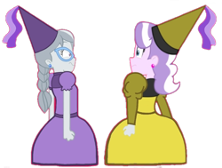 Size: 706x533 | Tagged: safe, artist:succubi samus, edit, diamond tiara, silver spoon, human, equestria girls, g4, background removed, blunt, confused, duo, ear piercing, female, glasses, hair braid, hat, hennin, looking at each other, looking at someone, medieval, piercing, princess, shocked, shocked expression, shocked eyes, simple background, transparent background, worried, wtf, wtf face