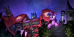 Size: 4000x2000 | Tagged: safe, artist:theamazingspino, twilight sparkle, pony, robot, unicorn, g4, crossover, duo, female, mare, night, optimus prime, stars, telescope, transformers