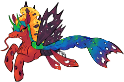 Size: 800x534 | Tagged: safe, artist:clovercoin, oc, oc only, changeling, changeling queen, hybrid, merpony, seapony (g4), fangs, female, fins, fish tail, helmet, mare, orange eyes, scales, seaponified, signature, simple background, smiling, solo, species swap, tail, transparent background, wings