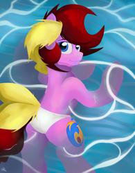 Size: 2000x2560 | Tagged: safe, artist:stec-corduroyroad, derpibooru exclusive, oc, oc:corduroy road, earth pony, pony, butt, clothes, high res, looking at you, male, panties, plot, speedo, stallion, summer, swimming, underwear, water