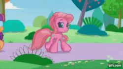 Size: 640x360 | Tagged: safe, screencap, cheerilee (g3), pinkie pie (g3), rainbow dash (g3), scootaloo (g3), starsong, sweetie belle (g3), toola-roola, earth pony, pegasus, pony, unicorn, g3, g3.5, pinkie pie's ferris wheel adventure, animated, blindfold, core seven, female, filly, foal, gif, mare, one of these things is not like the others, walking