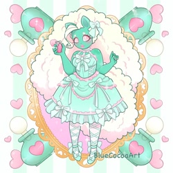 Size: 1440x1440 | Tagged: safe, artist:bluecocoaart, daisy sweet, earth pony, human, g1, blushing, clothes, dress, fluffy hair, humanized, impossibly large hair, lolita fashion, perfume, solo