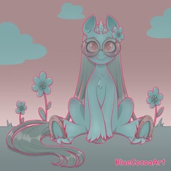 Size: 1440x1440 | Tagged: safe, artist:bluecocoaart, oc, oc only, pony, unicorn, glasses, hooves, long hair, long mane, meadow, smiling, solo