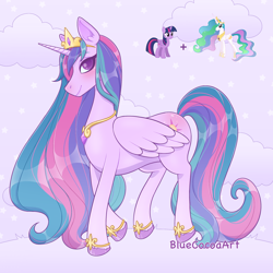 Size: 2048x2048 | Tagged: safe, artist:bluecocoaart, princess celestia, twilight sparkle, oc, oc:celestial spark, alicorn, pony, g4, accessory, alicorn oc, bracelet, crown, fusion, high res, horn, jewelry, multicolored hair, necklace, pastel, rainbow hair, regalia, smiling, twilight sparkle (alicorn), wings