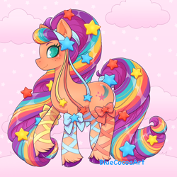 Size: 2048x2048 | Tagged: safe, artist:bluecocoaart, sunny starscout, earth pony, pony, g5, alternate hairstyle, bow, cloud, cutie mark, female, hair bow, hairclip, high res, mane stripe sunny, mare, multicolored hair, rainbow hair, raised hoof, ribbon, smiling, solo, stars, unshorn fetlocks