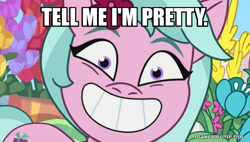 Size: 640x364 | Tagged: safe, edit, edited screencap, screencap, dahlia, earth pony, pony, g5, my little pony: tell your tale, neighfever, spoiler:g5, spoiler:my little pony: tell your tale, spoiler:tyts01e16, caption, female, image macro, mare, tell me i'm pretty, text, the fairly oddparents, trixie tang