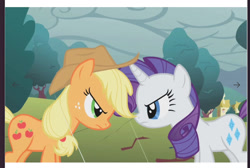 Size: 1319x886 | Tagged: safe, screencap, applejack, rarity, earth pony, pony, unicorn, g4, look before you sleep, angry, cloud, glare, looking at each other, looking at someone, overcast, rain, stare down