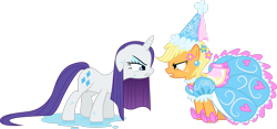 Size: 3578x1675 | Tagged: safe, artist:goblinengineer, applejack, rarity, earth pony, pony, unicorn, g4, look before you sleep, angry, bow, clothes, dress, duo, duo female, female, flower, flower in hair, froufrou glittery lacy outfit, glare, gritted teeth, jewelry, lidded eyes, necklace, princess, princess applejack, show accurate, simple background, squint, stare, teeth, transparent background, water, wet, wet mane, wet mane rarity