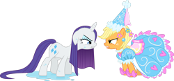 Size: 3578x1675 | Tagged: safe, artist:goblinengineer, applejack, rarity, earth pony, pony, unicorn, g4, look before you sleep, angry, bow, clothes, dress, duo, duo female, female, flower, flower in hair, froufrou glittery lacy outfit, glare, gritted teeth, jewelry, lidded eyes, necklace, princess, princess applejack, puffy sleeves, show accurate, simple background, squint, stare, teeth, transparent background, water, wet, wet mane, wet mane rarity