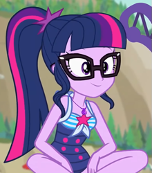 Size: 511x581 | Tagged: safe, sci-twi, twilight sparkle, human, equestria girls, equestria girls specials, g4, my little pony equestria girls: better together, my little pony equestria girls: forgotten friendship, bare shoulders, clothes, cropped, geode of telekinesis, glasses, magical geodes, one-piece swimsuit, ponytail, sci-twi swimsuit, sleeveless, solo, swimsuit