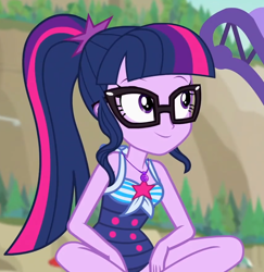 Size: 858x883 | Tagged: safe, screencap, sci-twi, twilight sparkle, human, equestria girls, equestria girls specials, g4, my little pony equestria girls: better together, my little pony equestria girls: forgotten friendship, bare shoulders, clothes, cropped, geode of telekinesis, glasses, magical geodes, one-piece swimsuit, ponytail, sci-twi swimsuit, sleeveless, solo, swimsuit