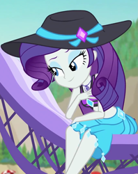 Size: 857x1080 | Tagged: safe, screencap, rarity, human, equestria girls, equestria girls specials, g4, my little pony equestria girls: better together, my little pony equestria girls: forgotten friendship, bare shoulders, clothes, cropped, female, hat, rarity's blue sarong, rarity's purple bikini, sarong, sleeveless, solo, swimsuit