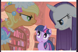 Size: 1763x1180 | Tagged: safe, screencap, applejack, rarity, twilight sparkle, earth pony, pony, unicorn, g4, look before you sleep, angry, applejack is not amused, argument, clothes, dress, ear piercing, female, flower, flower in hair, froufrou glittery lacy outfit, glare, golden oaks library, gritted teeth, lidded eyes, looking at each other, looking at someone, piercing, princess applejack, screenshots, teeth, trio, trio female, unamused, unicorn twilight, wet, wet mane, wet mane rarity