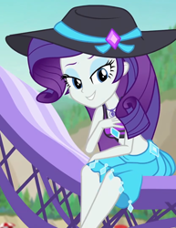 Size: 832x1080 | Tagged: safe, screencap, rarity, human, equestria girls, equestria girls specials, g4, my little pony equestria girls: better together, my little pony equestria girls: forgotten friendship, bare shoulders, clothes, cropped, female, hat, rarity's blue sarong, rarity's purple bikini, sarong, sleeveless, solo, swimsuit