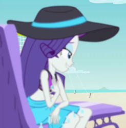 Size: 906x920 | Tagged: safe, screencap, rarity, human, equestria girls, equestria girls specials, g4, my little pony equestria girls: better together, my little pony equestria girls: forgotten friendship, bare shoulders, clothes, cropped, female, hat, rarity's blue sarong, rarity's purple bikini, sarong, sleeveless, solo, swimsuit