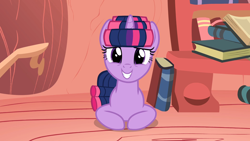 Size: 1920x1080 | Tagged: safe, screencap, twilight sparkle, pony, unicorn, g4, look before you sleep, book, bookshelf, golden oaks library, grin, hair curlers, happy, looking at someone, looking at you, lying, nervous, nervous smile, ponyloaf, prone, smiling, solo, unicorn twilight