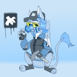 Size: 5000x5000 | Tagged: safe, artist:xasslash, oc, oc only, oc:flynn the icecold, griffon, armor, cap, clothes, glasses, gun, handgun, hat, male, mask, pistol, respirator, simple background, solo, spray can, weapon