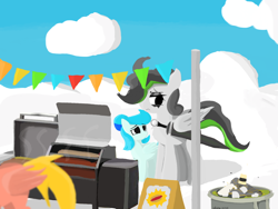 Size: 2160x1620 | Tagged: safe, artist:xdamny, oc, oc:piva storm, pegasus, pony, cloud, cooking, female, filly, foal, food, hot dog, meat, sausage
