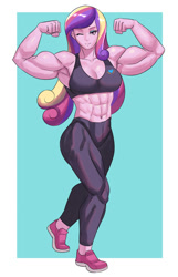 Size: 800x1242 | Tagged: safe, artist:tzc, dean cadance, princess cadance, human, equestria girls, abs, armpits, belly button, bodybuilder, buff, clothes, commission, dean ca-dense, eyeshadow, female, fetish, flexible, makeup, muscle fetish, muscles, muscular female, one eye closed, pants, princess ca-dense, shoes, sneakers, solo, sports bra, sweatpants, wink