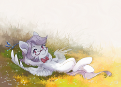 Size: 2772x2000 | Tagged: safe, artist:koviry, oc, oc only, oc:silver beam, dragonfly, insect, pegasus, pony, belly, bowtie, chest fluff, glasses, grass, high res, lying down, on back, solo, spread wings, wings
