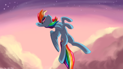 Size: 3840x2160 | Tagged: safe, artist:leoliu0491, rainbow dash, pegasus, pony, g4, 4k, cloud, female, flying, high res, hooves, looking up, mare, shading, signature, smiling, solo, spread wings, starry sky, stars, wings