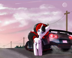 Size: 1130x916 | Tagged: safe, artist:rainydark, oc, oc only, oc:solaris, pony, unicorn, atmosphere, car, eyebrows, eyebrows visible through hair, female, female oc, gift art, horn, looking at you, mare, moon, nissan, nissan gt-r, outdoors, raised hoof, shooting star, sky, smiling, smiling at you, solo, stars, tree, unicorn oc, white pony