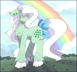 Size: 1464x1368 | Tagged: safe, artist:burgivore, minty (g1), earth pony, pony, bow, female, mare, miffed, rainbow, solo, tail, tail bow