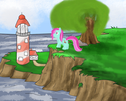 Size: 2000x1600 | Tagged: safe, artist:amateur-draw, oc, oc only, oc:belle boue, pony, unicorn, cliff, lighthouse, male, ocean, scenery, solo, stallion, tree, water