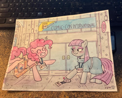 Size: 900x727 | Tagged: safe, artist:marybellamy, maud pie, pinkie pie, earth pony, pony, g4, boulder, clean, comic con, commission, convention, traditional art, watercolor painting