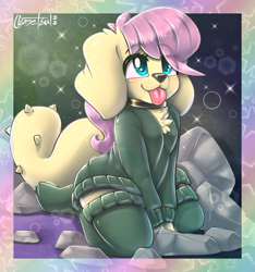 Size: 948x1012 | Tagged: safe, artist:llametsul, fluttershy, diamond dog, g4, :p, atg 2022, blushing, chest fluff, clothes, collar, colored, cute, diamond dogified, ear fluff, female, female diamond dog, floppy ears, flutterdog, kneeling, newbie artist training grounds, signature, smiling, socks, solo, species swap, stockings, sweater, thigh highs, tongue out