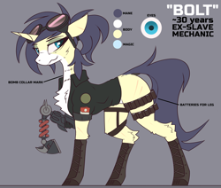 Size: 4857x4127 | Tagged: safe, artist:fenixdust, oc, oc:bolt, pony, unicorn, fallout equestria, amputee, boots, cigarette, clothes, concave belly, countershading, female, gray background, mare, pale belly, prosthetic limb, prosthetics, raised hoof, reference sheet, shoes, simple background, slender, solo, thin