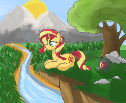 Size: 2200x1800 | Tagged: safe, artist:amateur-draw, sunset shimmer, pony, unicorn, g4, bag, lying down, mountain, river, scenery, solo, sun, tree, water