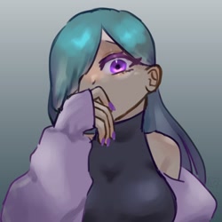 Size: 1280x1280 | Tagged: safe, artist:metaruscarlet, marble pie, human, g4, breasts, clothes, coat, eyeshadow, female, hair over one eye, hand over mouth, humanized, makeup, nail polish, sleeveless, sleeveless sweater, solo, sweater