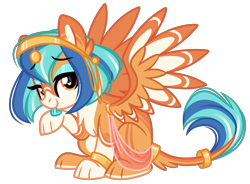 Size: 1728x1275 | Tagged: safe, artist:emberslament, oc, oc only, oc:pharess, sphinx, bracelet, cute, eyeshadow, female, headress, heart, heart eyes, jewelry, lace, licking, lidded eyes, makeup, paws, ring, simple background, solo, sphinx oc, spread wings, tail, tail ring, tongue out, transparent background, wingding eyes, wings