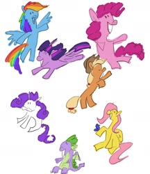 Size: 1403x1622 | Tagged: safe, artist:mayugraffiti, applejack, fluttershy, pinkie pie, rainbow dash, rarity, spike, twilight sparkle, alicorn, bird, dragon, earth pony, pegasus, pony, unicorn, g4, applejack's hat, cowboy hat, female, folded wings, hat, horn, male, mane six, mare, raised hoof, simple background, sitting, spread wings, twilight sparkle (alicorn), white background, winged spike, wings